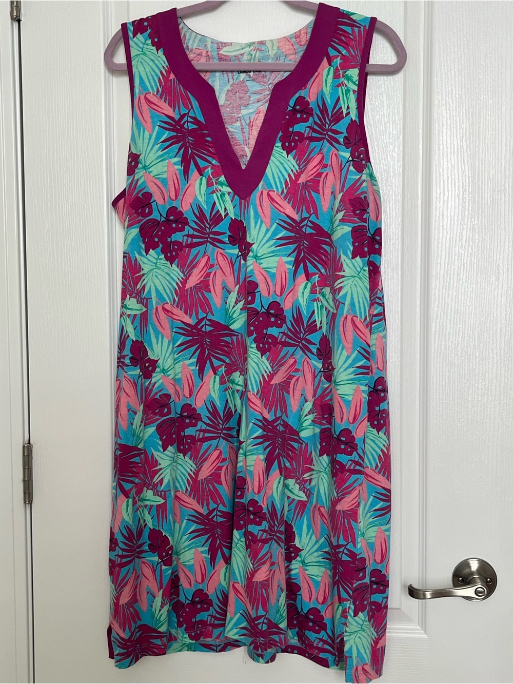 Lands' End Sleeveless Tropical Print Dress in Teal, Magenta and Pink